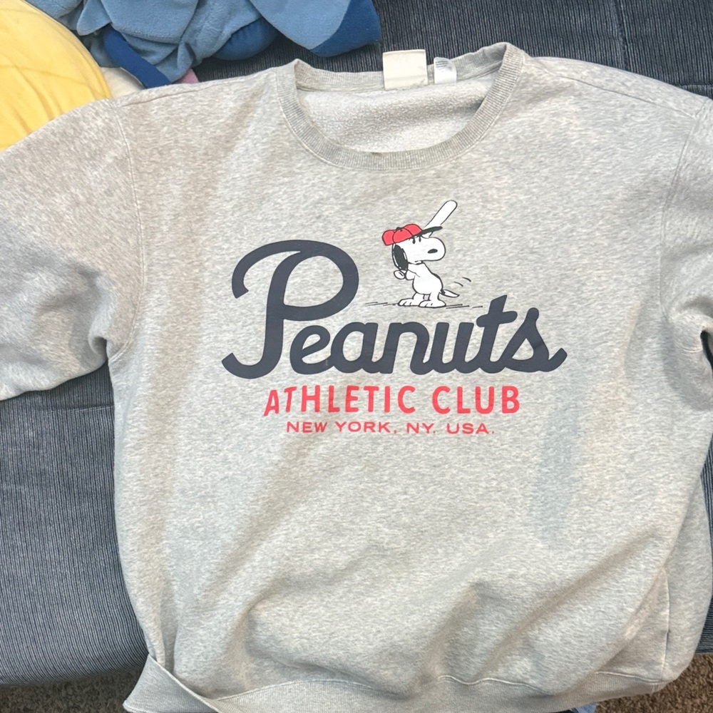 Peanuts Gray Sweatshirt with Navy Logo and Red Accent